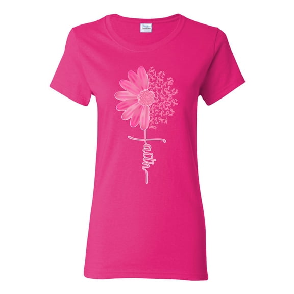 Wild Bobby, Faith Pink Ribbon Sunflower, Breast Cancer Awareness, Women Graphic Tee, Fuschia, Small