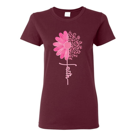 Wild Bobby, Faith Pink Ribbon Sunflower, Breast Cancer Awareness, Women Graphic Tee, Maroon, X-Large