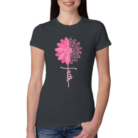 Wild Bobby, Faith Pink Ribbon Sunflower, Breast Cancer Awareness, Women Slim Fit Junior Tee, Dark Grey, Large