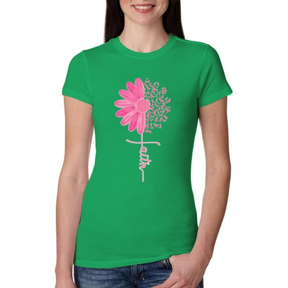 Wild Bobby, Faith Pink Ribbon Sunflower, Breast Cancer Awareness, Women Slim Fit Junior Tee, Kelly, XX-Large