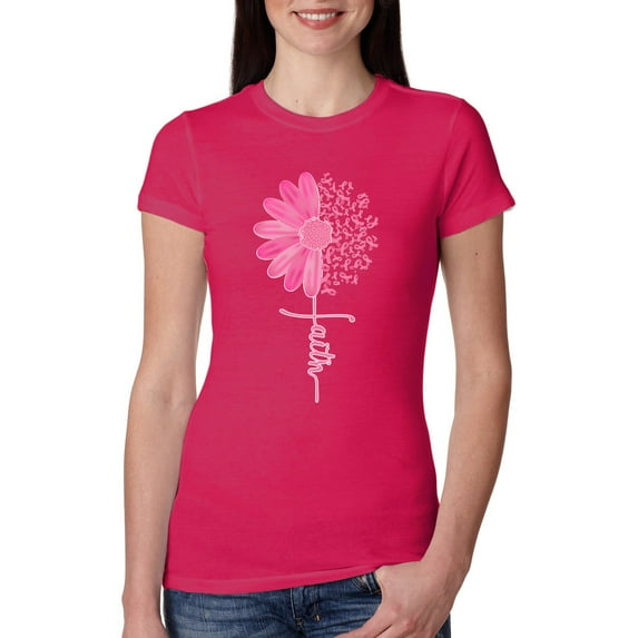Wild Bobby, Faith Pink Ribbon Sunflower, Breast Cancer Awareness, Women Slim Fit Junior Tee, Raspberry, Medium