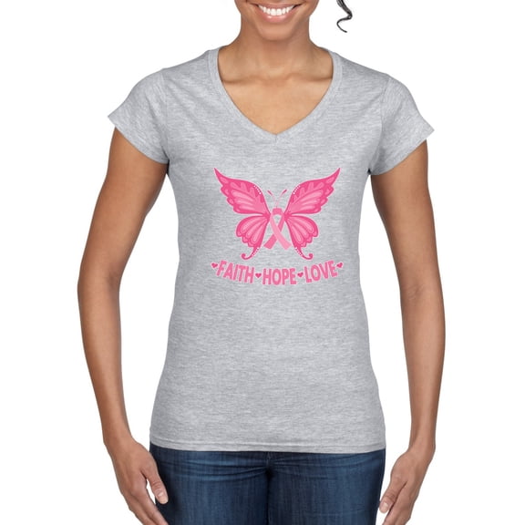 Wild Bobby, Faith Pink Ribbon Sunflower, Breast Cancer Awareness, Women Standard V-Neck Tee, Heather Grey, X-Large