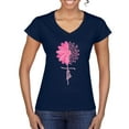 thumbnail image 1 of Wild Bobby, Faith Pink Ribbon Sunflower, Breast Cancer Awareness, Women Standard V-Neck Tee, Navy, Small, 1 of 5