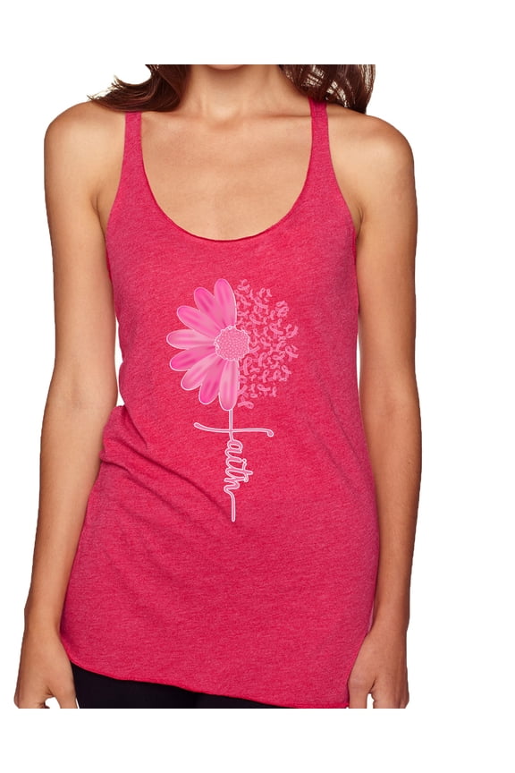 , Faith Pink Ribbon Sunflower, Breast Cancer Awareness, Women Tri-Blend Racerback Tank Top, Shocking Pink, Small