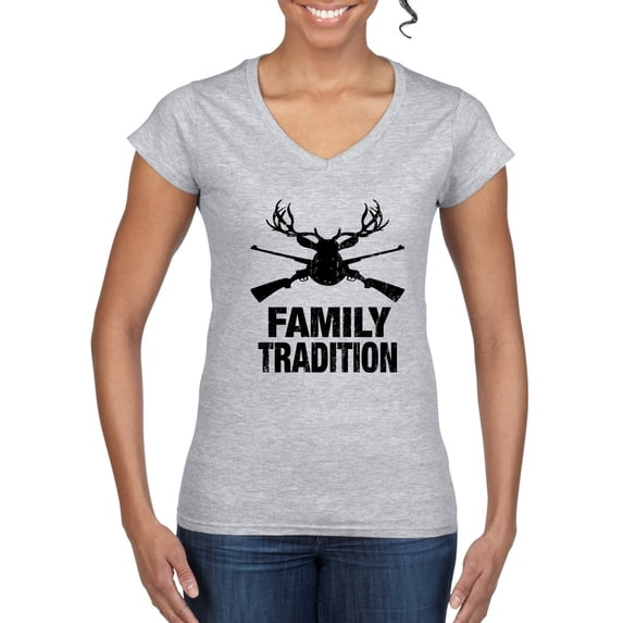 Wild Bobby, Family Tradition Buck Hunting, Hunting, Women Standard V-Neck Tee, Heather Grey, Large