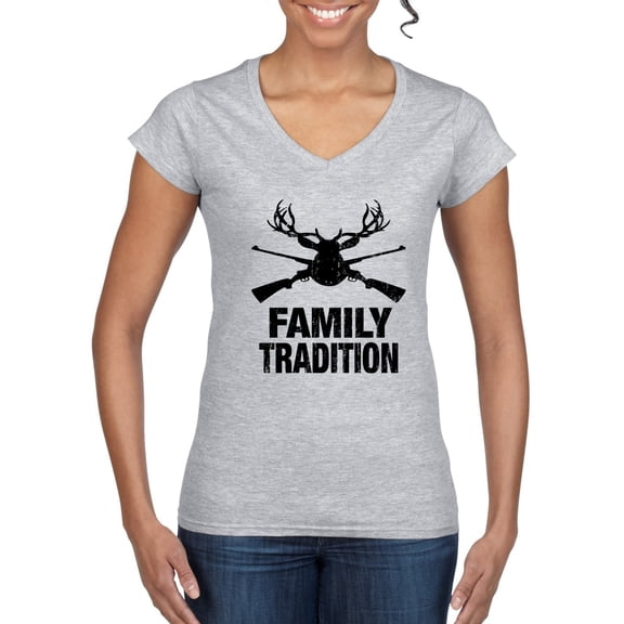 Wild Bobby, Family Tradition Buck Hunting, Hunting, Women Standard V-Neck Tee, Heather Grey, Large