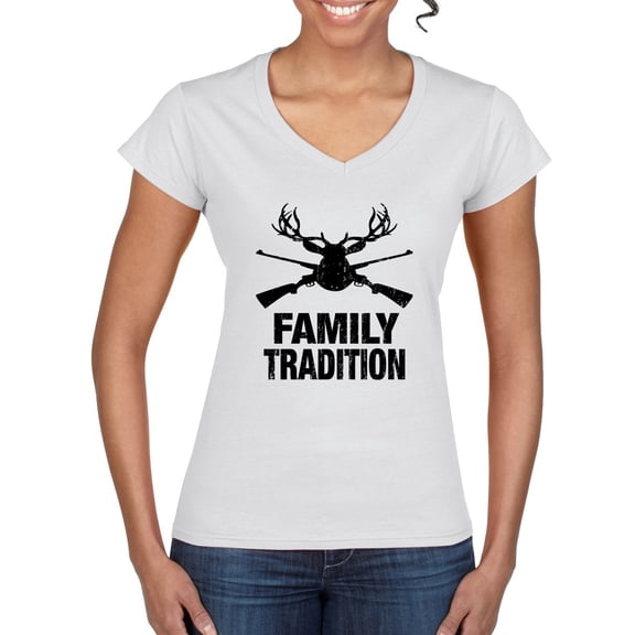 Wild Bobby, Family Tradition Buck Hunting, Hunting, Women Standard V-Neck Tee, White, Small