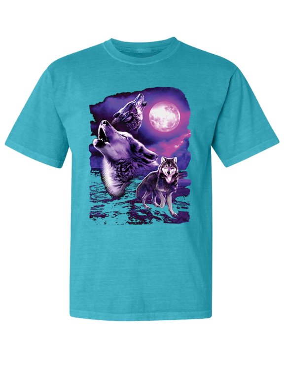, Fantasy Wolf Howling at The Full Moon, Animal Lover, Garment-Dyed Washed Look Short Sleeve T-Shirt, Blue Lagoon, Medium