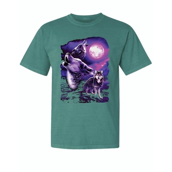 Wild Bobby, Fantasy Wolf Howling at The Full Moon, Animal Lover, Garment-Dyed Washed Look Short Sleeve T-Shirt, Emerald, Medium