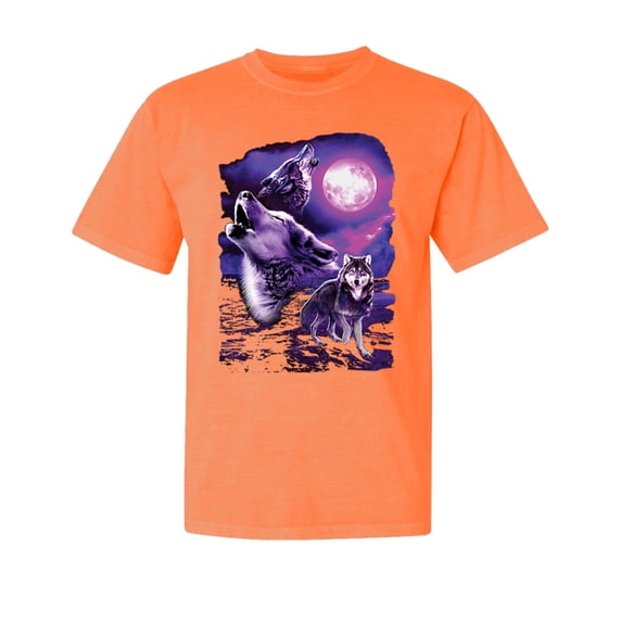 Wild Bobby, Fantasy Wolf Howling at The Full Moon, Animal Lover, Garment-Dyed Washed Look Short Sleeve T-Shirt, Neon Orange, Small