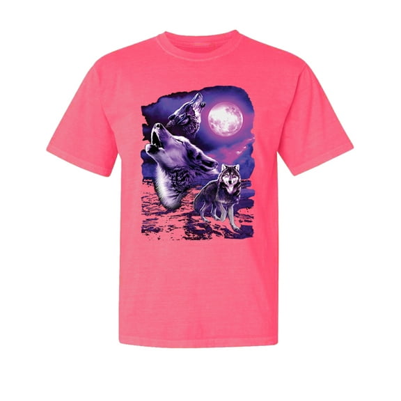 Wild Bobby, Fantasy Wolf Howling at The Full Moon, Animal Lover, Garment-Dyed Washed Look Short Sleeve T-Shirt, Neon Pink, 2XL