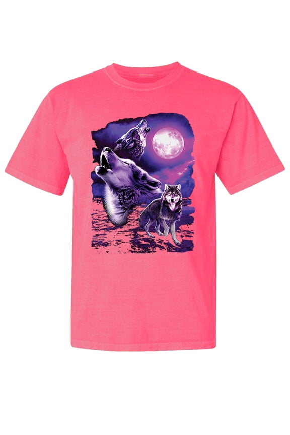 , Fantasy Wolf Howling at The Full Moon, Animal Lover, Garment-Dyed Washed Look Short Sleeve T-Shirt, Neon Pink, X-Large