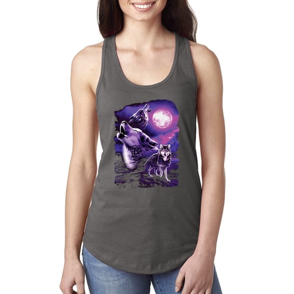 Wild Bobby, Fantasy Wolf Howling at The Full Moon Animal Lover Ladies Racerback Tank Top, Dark Grey, Large