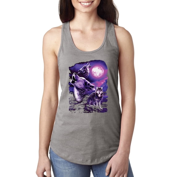 Wild Bobby, Fantasy Wolf Howling at The Full Moon Animal Lover Ladies Racerback Tank Top, Heather Grey, Large
