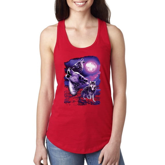Wild Bobby, Fantasy Wolf Howling at The Full Moon Animal Lover Ladies Racerback Tank Top, Red, Medium