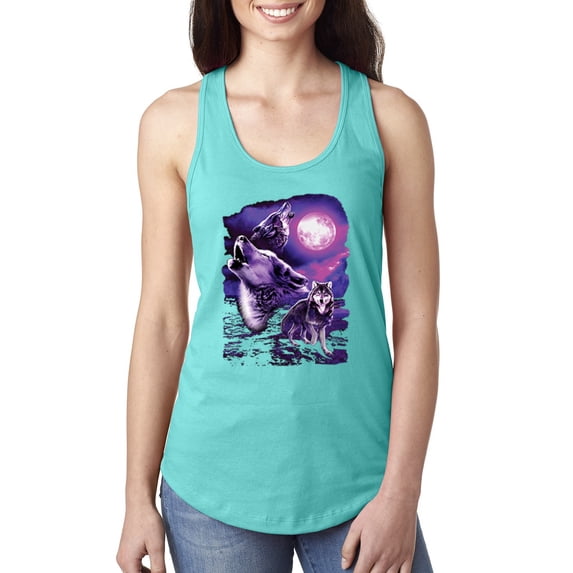 Wild Bobby, Fantasy Wolf Howling at The Full Moon Animal Lover Ladies Racerback Tank Top, Tahiti Blue, Large