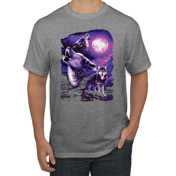 Wild Bobby, Fantasy Wolf Howling at The Full Moon Animal Lover Men's Graphic T-Shirt, Heather Grey, X-Large