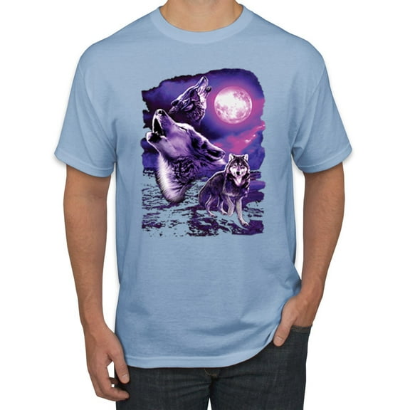 Wild Bobby, Fantasy Wolf Howling at The Full Moon Animal Lover Men's Graphic T-Shirt, Light Blue, 3XL