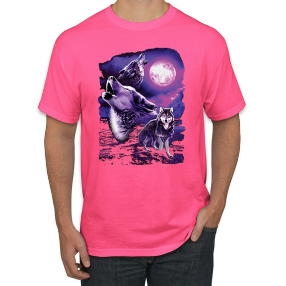 Wild Bobby, Fantasy Wolf Howling at The Full Moon Animal Lover Men's Graphic T-Shirt, Neon Pink, Large