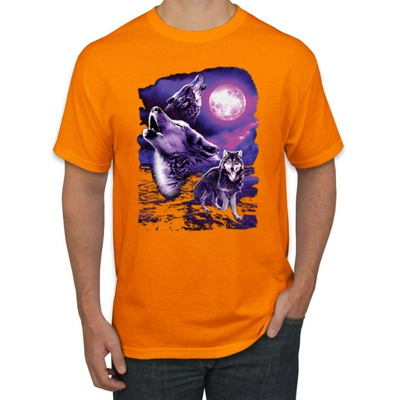 Wild Bobby, Fantasy Wolf Howling at The Full Moon Animal Lover Men's Graphic T-Shirt, Orange, X-Large