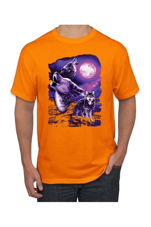 , Fantasy Wolf Howling at The Full Moon Animal Lover Men's Graphic T-Shirt, Orange, X-Large