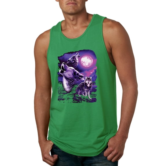 Wild Bobby, Fantasy Wolf Howling at The Full Moon Animal Lover Mens Graphic Tank Top, Kelly, Medium