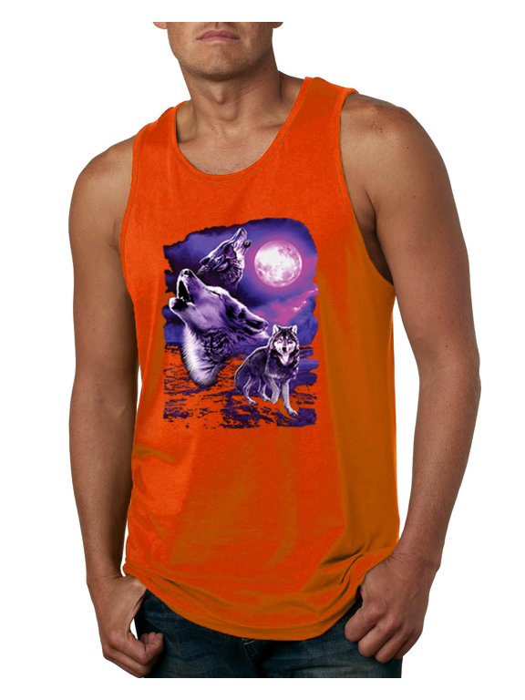 , Fantasy Wolf Howling at The Full Moon Animal Lover Mens Graphic Tank Top, Orange, Medium