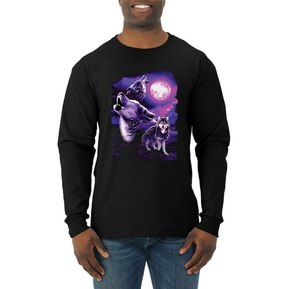 Wild Bobby, Fantasy Wolf Howling at The Full Moon Animal Lover Mens Long Sleeve Shirt, Black, X-Large