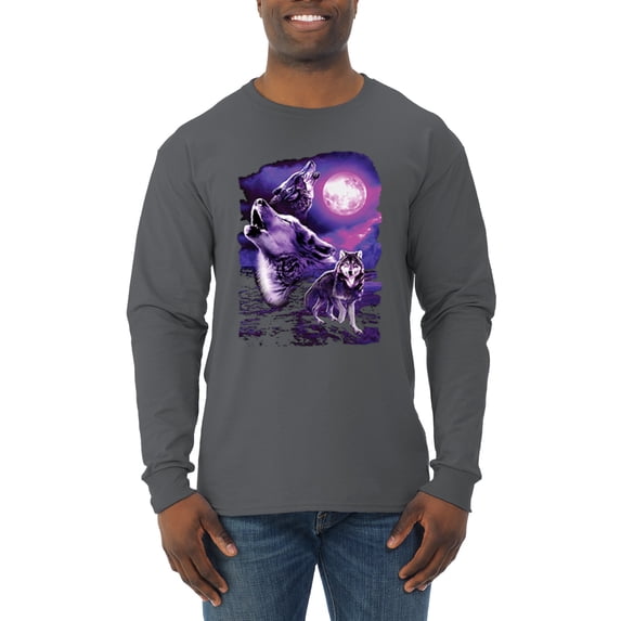 Wild Bobby, Fantasy Wolf Howling at The Full Moon Animal Lover Mens Long Sleeve Shirt, Charcoal, Medium