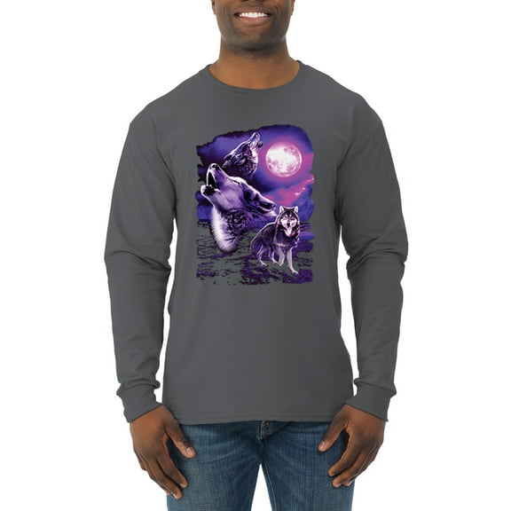 Wild Bobby, Fantasy Wolf Howling at The Full Moon Animal Lover Mens Long Sleeve Shirt, Charcoal, Small