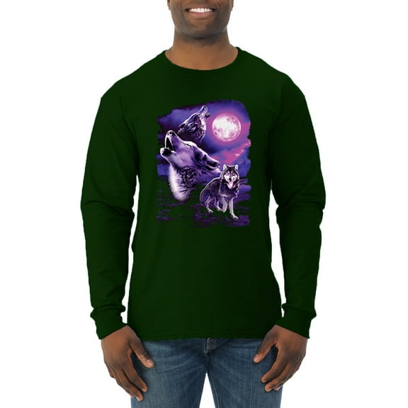 Wild Bobby, Fantasy Wolf Howling at The Full Moon Animal Lover Mens Long Sleeve Shirt, Forest Green, Small
