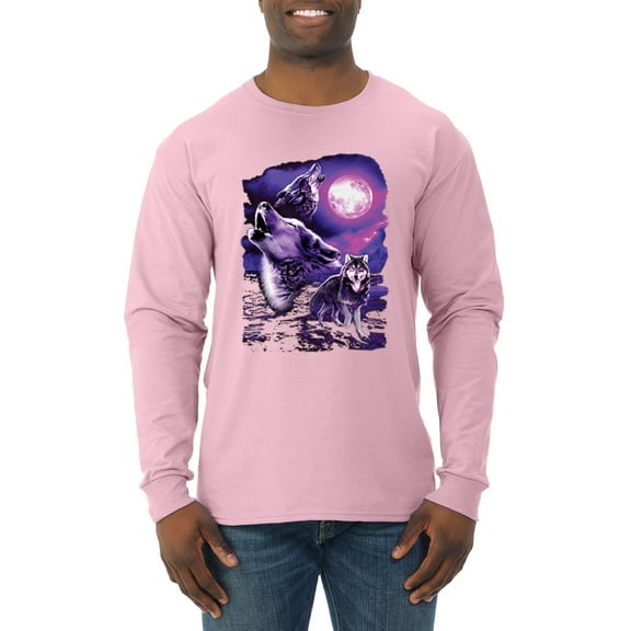 Wild Bobby, Fantasy Wolf Howling at The Full Moon Animal Lover Mens Long Sleeve Shirt, Light Pink, X-Large