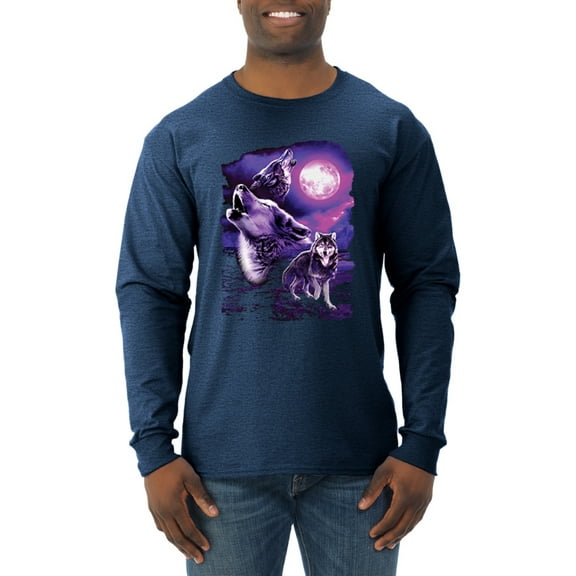 Wild Bobby, Fantasy Wolf Howling at The Full Moon Animal Lover Mens Long Sleeve Shirt, Vintage Heather Navy, Small