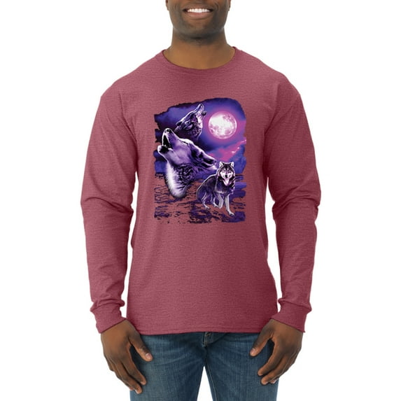 Wild Bobby, Fantasy Wolf Howling at The Full Moon Animal Lover Mens Long Sleeve Shirt, Vintage Heather Red, Large