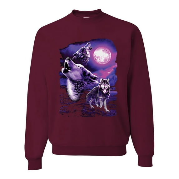 Wild Bobby, Fantasy Wolf Howling at The Full Moon Animal Lover Unisex Crewneck Graphic Sweatshirt, Maroon, X-Large