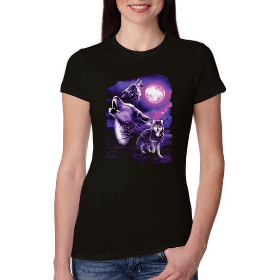 Wild Bobby, Fantasy Wolf Howling at The Full Moon Animal Lover Womens Slim Fit Junior Tee, Black, Small
