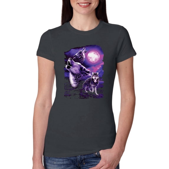 Fantasy Wolf Howling at The Full Moon Animal Lover Womens Slim Fit Junior Tee, Dark Grey, Large