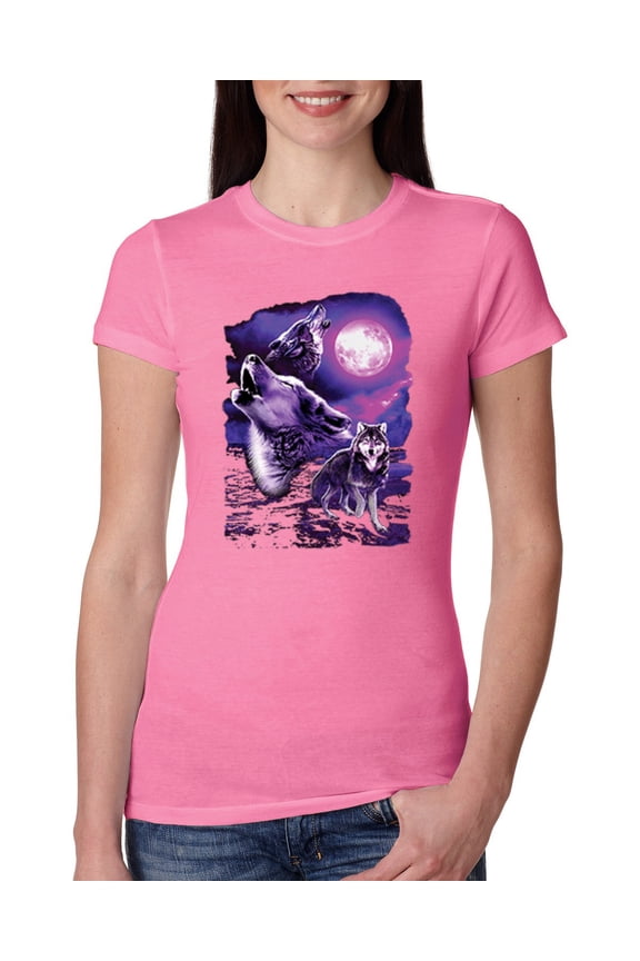 , Fantasy Wolf Howling at The Full Moon Animal Lover Womens Slim Fit Junior Tee, Hot Pink, Medium
