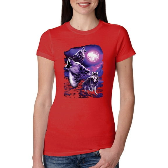 Wild Bobby, Fantasy Wolf Howling at The Full Moon Animal Lover Womens Slim Fit Junior Tee, Red, 2XL