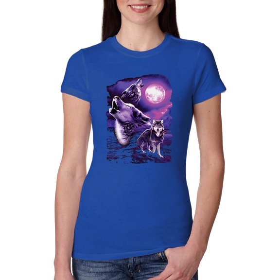 Wild Bobby, Fantasy Wolf Howling at The Full Moon Animal Lover Womens Slim Fit Junior Tee, Royal, Small