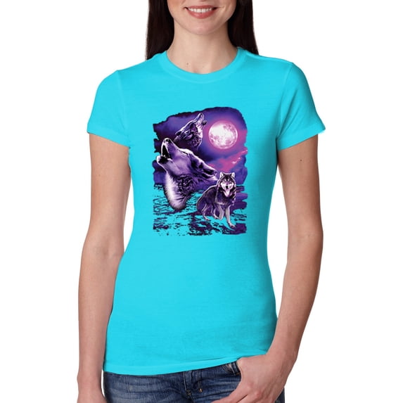 Fantasy Wolf Howling at The Full Moon Animal Lover Womens Slim Fit Junior Tee, Tahiti Blue, Medium