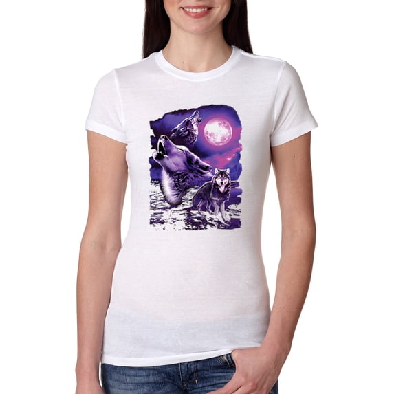 Fantasy Wolf Howling at The Full Moon Animal Lover Womens Slim Fit Junior Tee, White, Large