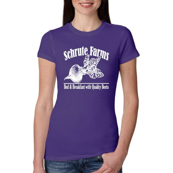 Wild Bobby, Farms Bed and Breakfast The Office, Pop Culture, Women Slim Fit Junior Tee, Purple Rush, Large