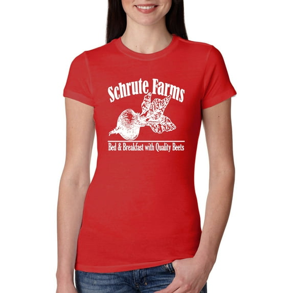 Wild Bobby, Farms Bed and Breakfast The Office, Pop Culture, Women Slim Fit Junior Tee, Red, Small