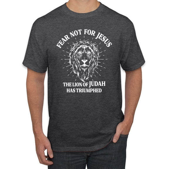 Wild Bobby Fear Not For Jesus The Lion Of Judah Has Triumphed Inspirational/Christian Men Graphic Tee, Heather Black, X-Large