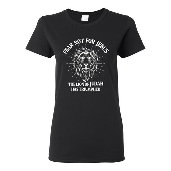 Wild Bobby Fear Not For Jesus The Lion Of Judah Has Triumphed Inspirational/Christian Women Graphic Tee, Black, Small