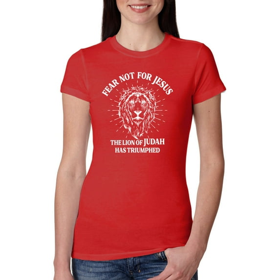 Wild Bobby Fear Not For Jesus The Lion Of Judah Has Triumphed Inspirational/Christian Women Slim Fit Junior Tee, Red, XX-Large
