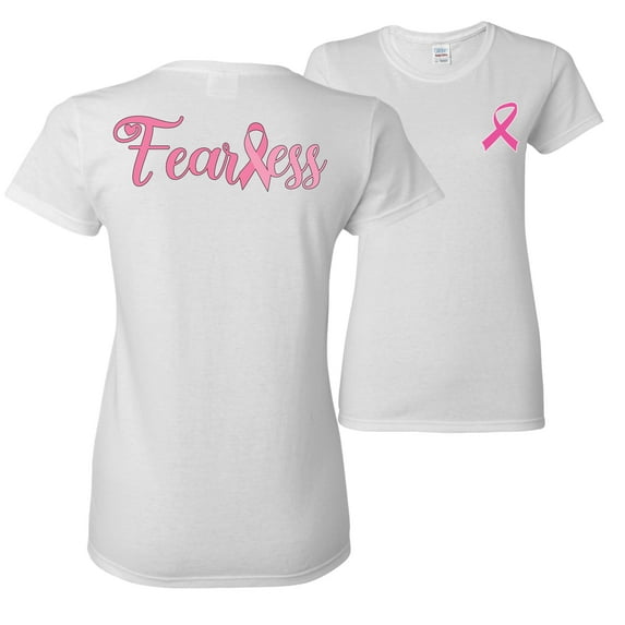 Wild Bobby, Fearless Pink Ribbon Support Warrior Women, Breast Cancer Awareness, Front and Back Women Graphic Tee, White, Small