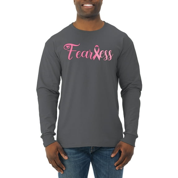 Wild Bobby, Fearless Pink Ribbon Support Warrior Women, Breast Cancer Awareness, Men Long Sleeve Shirt, Charcoal, Medium