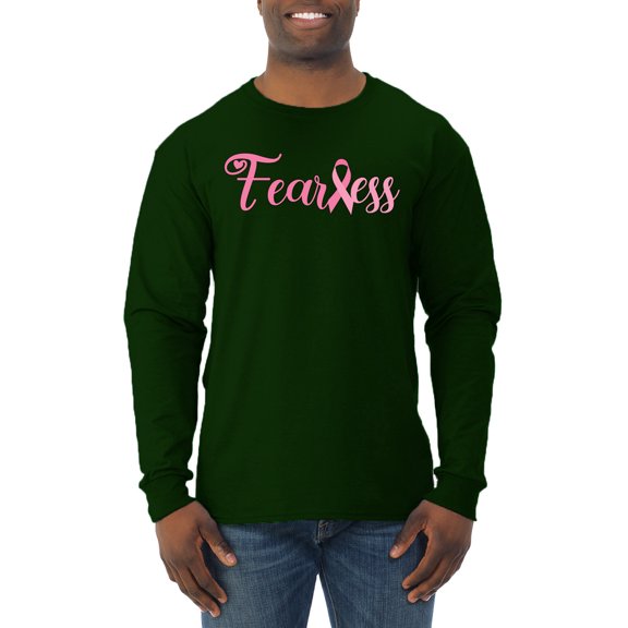 Wild Bobby, Fearless Pink Ribbon Support Warrior Women, Breast Cancer Awareness, Men Long Sleeve Shirt, Forest Green, 3X-Large